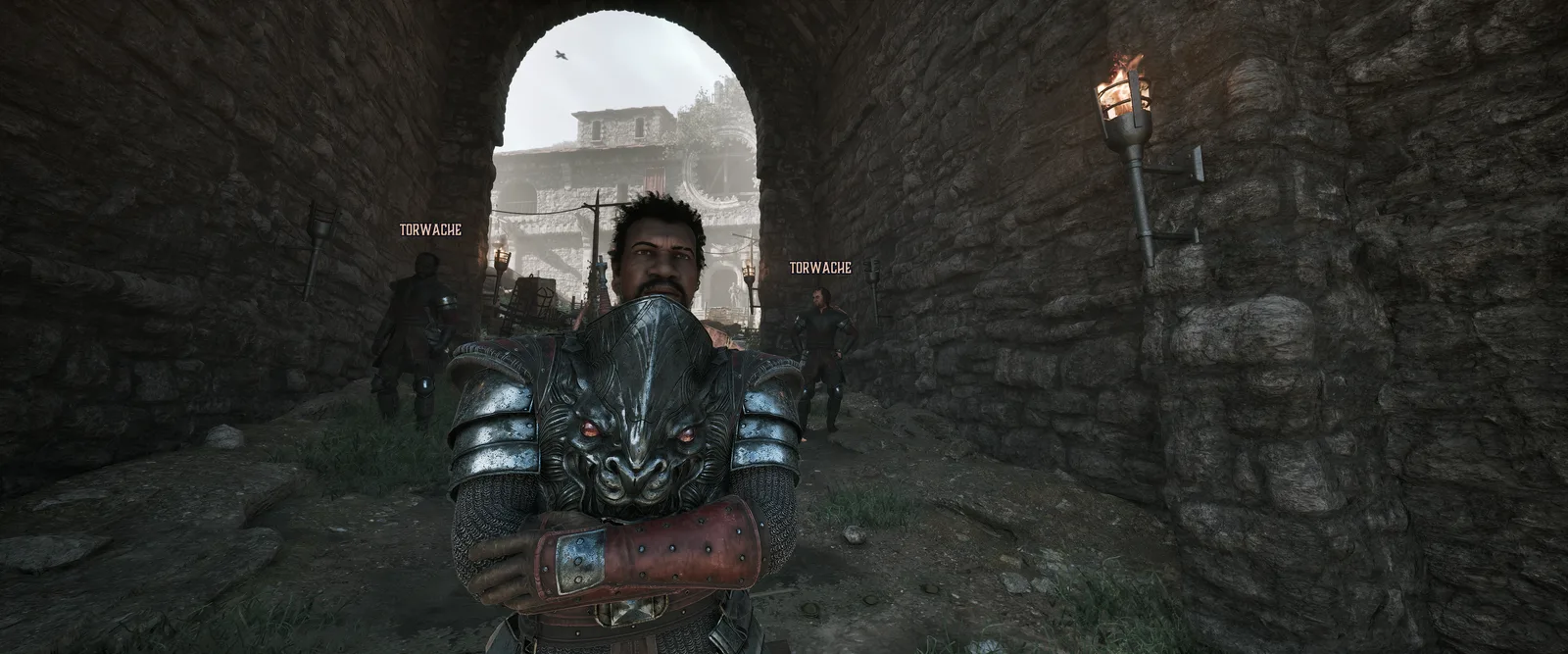 Thorus with crossed arms in the gateway, two gate warders on either side, Gothic 1 Remake