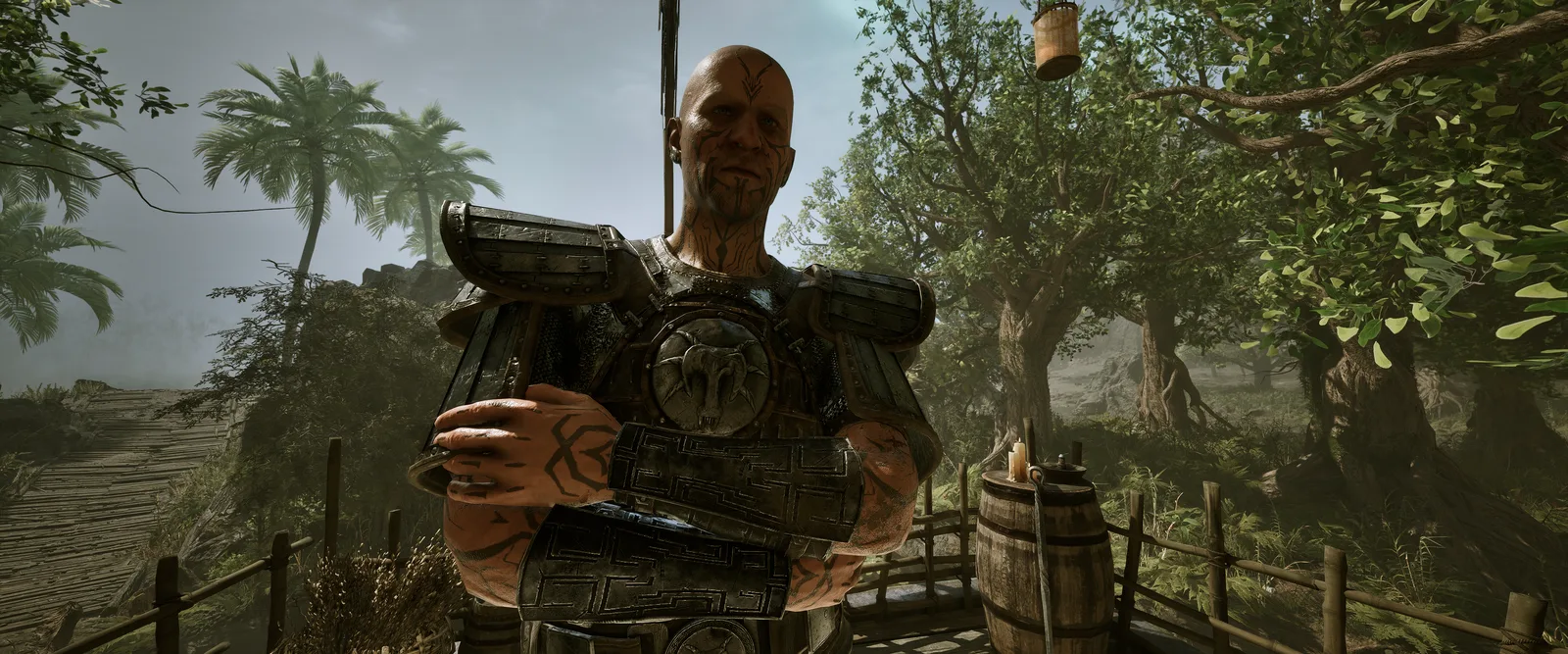A Templar in armor in the Swamp Camp, with palms and giant trees in the background, Gothic 1 Remake