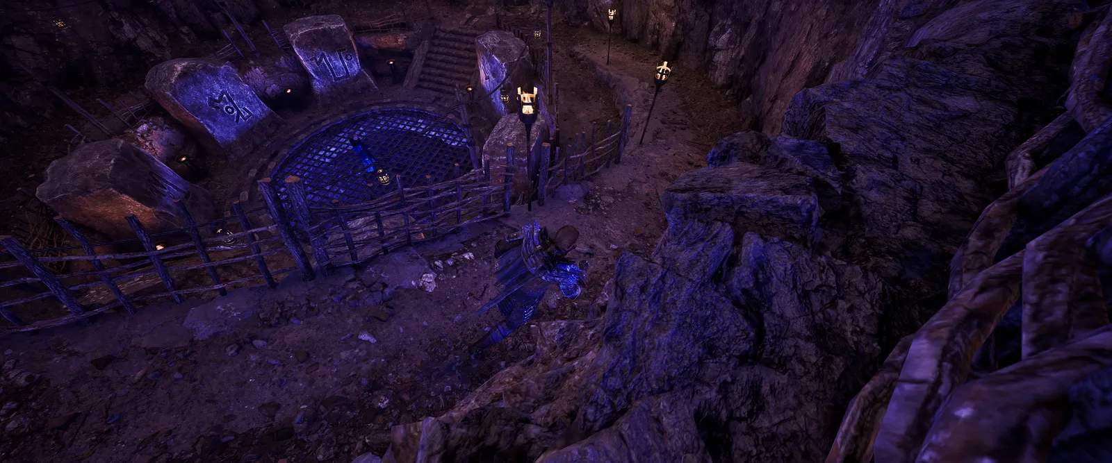 The barred, blue-glowing pit of the ore heap in the New Camp, Gothic 1 Remake