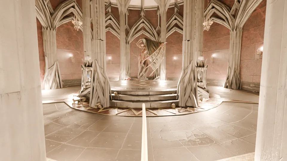 At the top of the stairs: into the Demon Hall